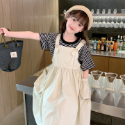 女童套装2024春装韩版儿童洋气条纹短袖T恤宝宝背带裙两件套