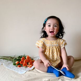 ins夏韩版女宝宝小方领雏菊，连身衣爬服婴儿，小飞袖蕾丝拼接包屁衣