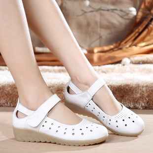 春夏季女鞋护士鞋白色真皮，坡跟牛筋底妈妈，鞋平底镂空单鞋圆头凉鞋