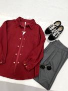 车厘子红色衬衫女休闲宽松中长款长袖纯棉，厚款衬衣韩国复古薄外套