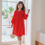 女童春装雪纺连衣裙2024法式女孩大童时尚气质长袖红色连衣裙