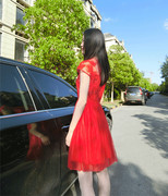 2023蕾丝连衣裙女装镂空短袖绣花大红色长款裙子新娘回门礼服裙