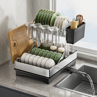 厨房不锈钢碗架沥水架家用双层可折叠多功能放碗筷碗碟杯具收纳架