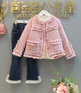 韩国童装女童套装2023秋冬款中大童高端气质，小香风长袖加棉外套潮