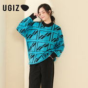 UGIZ2021冬季韩版女装休闲潮流宽松几何图案毛衣女UDWE825