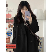 黑色羊毛呢子外套，中长款韩版2023年冬季小个子双面羊绒大衣女