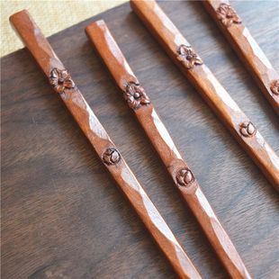 纯手工雕刻花卉木筷，创意特色便携筷子环保，手作木质餐具本地红木