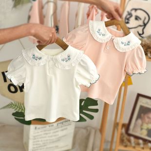 宝宝短袖t恤娃娃领夏季纯棉，女童打底衫，夏装白色韩版婴儿半袖上衣