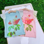 女童短袖T恤中大童圆领花朵印花蕾丝袖口甜美可爱短袖T恤100-150