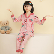 女童睡衣春秋季纯棉长袖薄款翻领，草莓熊可爱(熊，可爱)中大童套装空调家居服