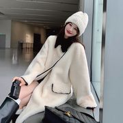 米白色小香风羊羔毛外套(毛，外套)女中长款秋冬2023韩系气质温柔颗粒绒大衣