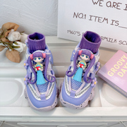 女童紫色运动鞋宽头春秋网面轻薄透气免系鞋带儿童老爹鞋女款洋气