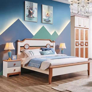 全实木原木北欧式儿童床，男女孩套房，家具木蜡油红檀单双人床1.5米