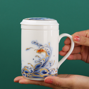 羊脂玉个人茶杯德化白瓷办公杯陶瓷带盖内胆过滤茶水分离泡茶水杯