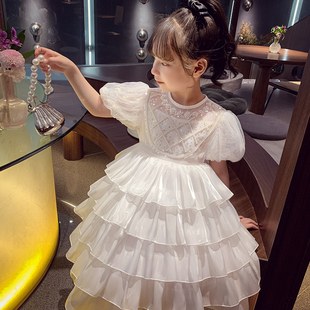 女童公主裙夏装2024洋气，儿童白色网纱蛋糕，裙女孩泡泡袖连衣裙