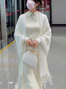 婚礼披风针织女白色流苏旗袍披肩秋冬毛衣斗篷外搭开衫中长款外套