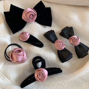粉色玫瑰花发夹~高品质花朵，!小香风，复古法式蝴蝶结抓夹发绳发饰