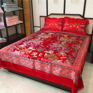 结婚百子图床单床罩大红色，加厚杭州丝，绸缎枕套中国风婚庆用品床盖