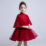 儿童礼服公主裙女童钢琴演出服，蓬蓬纱红色长袖洋气中式模特走秀秋