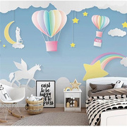 网红儿童房背景墙壁纸壁画，卧室气球女孩公主壁纸，蓝色天空爱心男孩