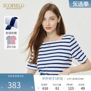 scofield女装海军风简约方领优雅时尚蓝白条纹，短袖t恤夏季