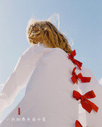 英国限量合作款立体红色，蝴蝶结镂空宽松长袖直筒女士白色衬衫