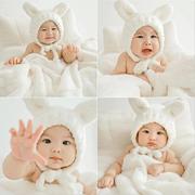 儿童摄影帽子小兔子主题可爱白色兔帽宝宝，百天拍照沙发道具毯子