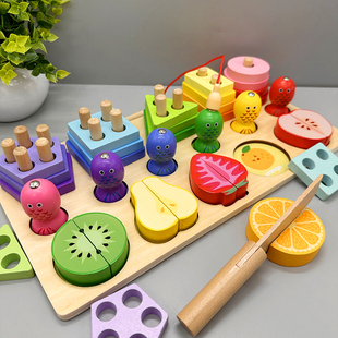 儿童宝宝五套柱早教益智玩具形状颜色配对认知积木钓鱼游戏切水果