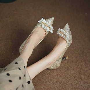 法式银色水晶高跟鞋女细跟2023宴会礼服伴娘日常可穿新娘婚鞋