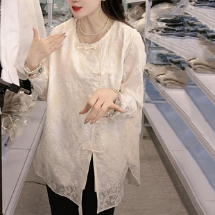 复古蔷薇新中式国风盘扣长袖，蕾丝衬衫女2024春季中长款上衣潮