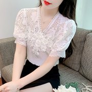 韩国chic漂亮独特蕾丝拼接立体花朵雪纺衫女装，设计感短袖修身上衣