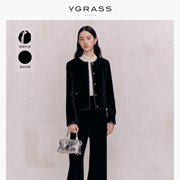 vgrass经典黑色复古丝绒小香风，短款外套女春季时髦拼接pu皮