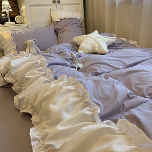 ins公主风紫色床裙花边被套，床单四件套1.8米纯色女宿舍床上三件套