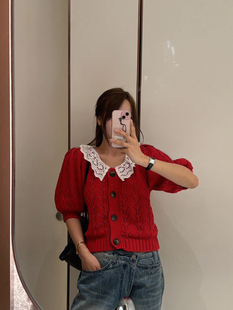 韩国法式复古蕾丝领针织开衫女春夏短款毛衣外套上衣
