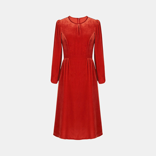 兰玫瑰大码女装秋冬真丝，丝绒浓醇酒，红气质长袖v领收腰连衣裙