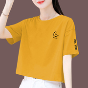 时尚短袖t恤女夏季短款姜黄色2024棉宽松显瘦简约天鹅印花上0405c