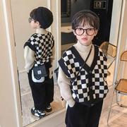 男童秋装毛衣2023秋冬韩版洋派，儿童假两件格子针织衫，婴儿毛线衣(毛线衣)