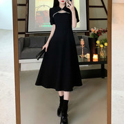 大码女装复古中式改良旗袍黑色，镂空连衣裙胖mm显瘦高级感长裙