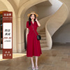 法式复古高级感红色连衣裙夏季V领收腰显瘦气质雪纺小红裙
