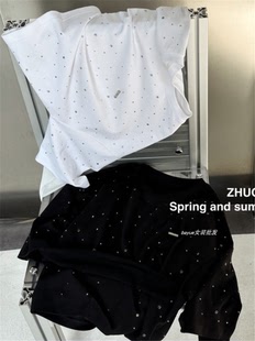 ZW卓娃2024春季高级感烫钻拼接长袖t小个子宽松显瘦减龄假两件T恤