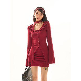 野生zerocircle红色针织套装，女秋修身显瘦喇叭袖，上衣包臀半身裙子
