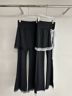 韩国小众设计个性蕾丝接拼假两件松紧腰打底裙裤，休闲裤微喇叭长裤