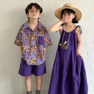 女童紫色吊带连衣裙棉布裙夏季韩系儿童短袖衬衫短裤套装兄妹