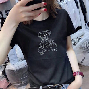 韩国夏季2024卡通小熊烫钻T恤女短袖纯棉修身显瘦半袖体恤潮