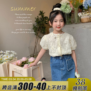 mini旦女童装短袖衬衫夏季韩版名媛风气质泡泡袖蕾丝上衣