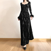 新中式黑色丝绒竹叶印花褶皱气质收腰显瘦长袖连衣裙性感长裙裙子