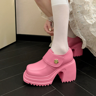 10cm厚底粗跟高跟鞋春季真皮方头，单鞋糖果色，可爱粉色小个子鞋