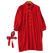 高货复古风琴领冷艳正红色九分袖宽松直筒，衬衫连衣裙长裙
