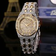 欧美时尚潮流镶水钻表带女士石英手表时装满圆形金色男国产腕表