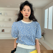 韩国chic夏季洋气减龄圆领套头满屏小雏菊宽松泡泡袖针织衫T恤女
